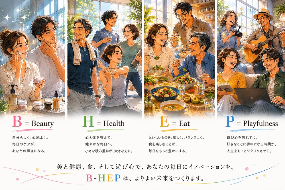 B-HEPの4つの価値。B＝Beauty（美容）、H＝Health（健康）、E＝Eat（食）、P＝Playfulness（遊び心）を楽しむ大人たちのイラスト。美と健康、食、そして遊び心で、あなたの毎日にイノベーションを。B-HEPは、よりよい未来をつくります。